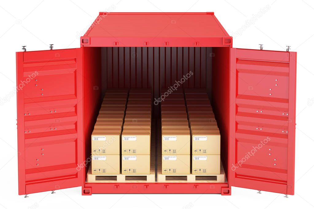 Cargo shipping concept, container with parcels. 3D rendering