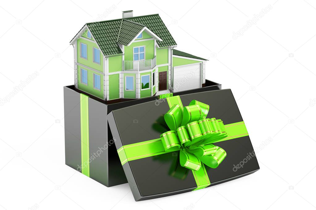 Home in gift box, 3D rendering