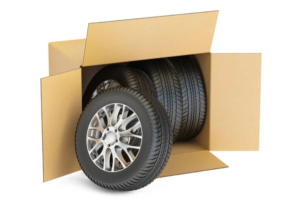 Caixa de papelão aberta com rodas de carro, renderização 3D — Fotografia de Stock