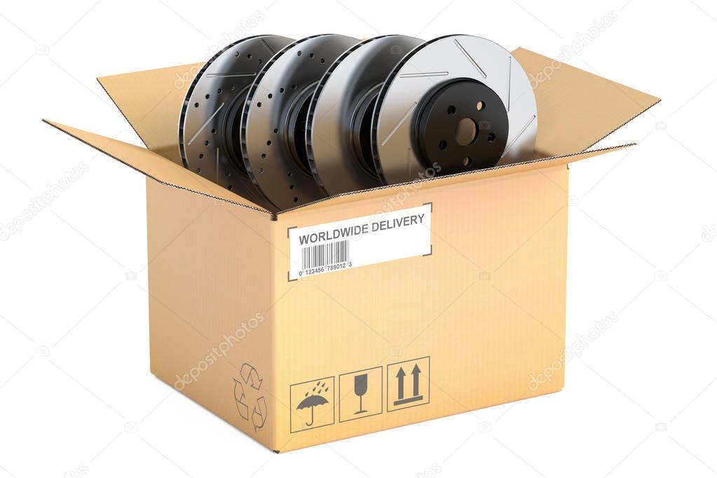 Cardboard box with car disc brake rotors, 3D rendering