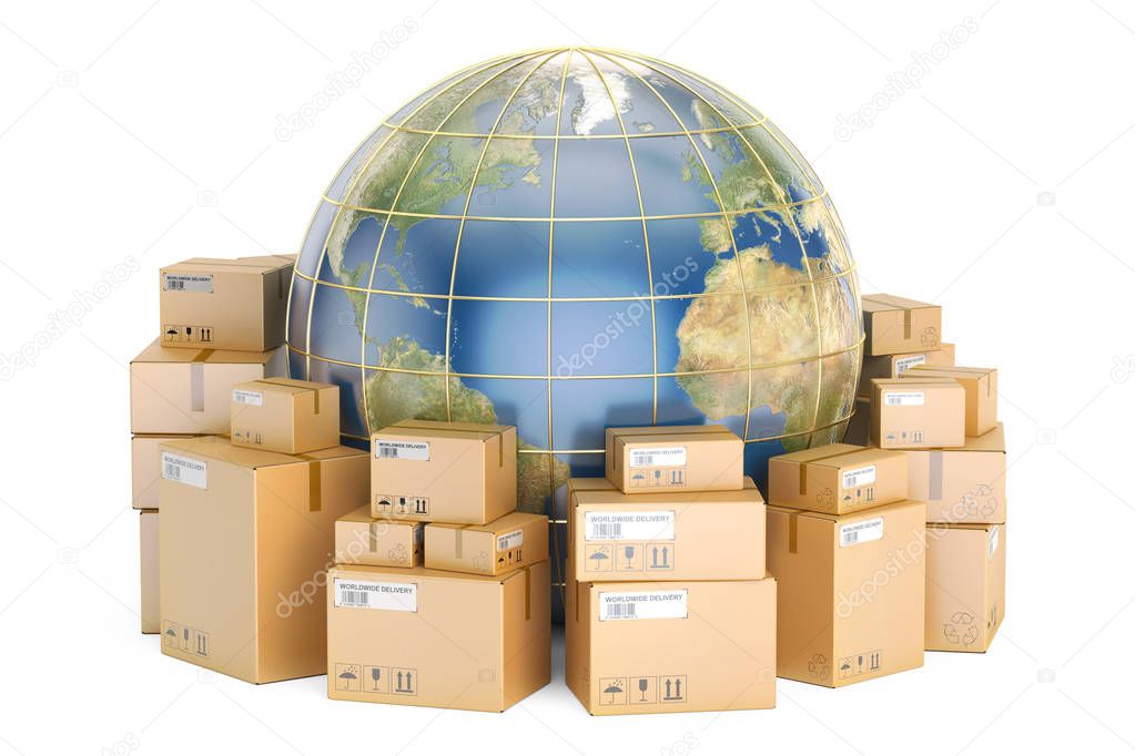 Global shipping and delivery concept, parcels with Earth. 3D rendering isolated on white background