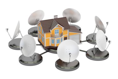 Telecommunications concept. Satellite dishes with house, 3D rend clipart