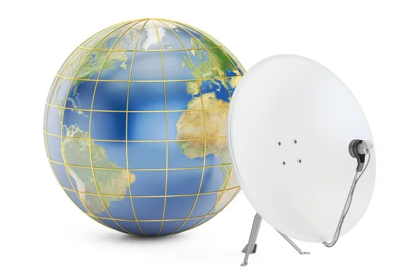 Satellite dish with earth, global telecommunications concept. 3D — Stock Photo, Image