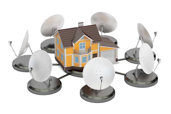 Telecommunications concept. Satellite dishes with house, 3D rend — Stock Photo, Image