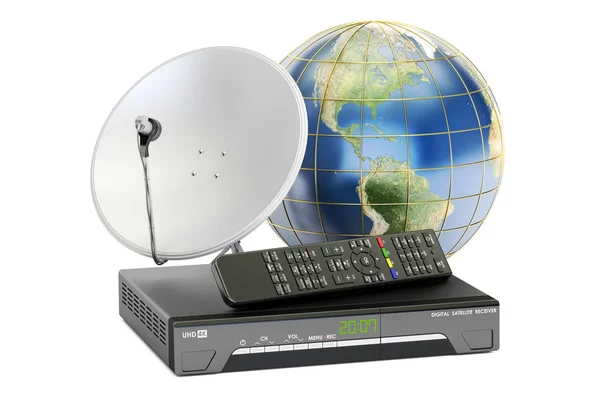 Global telecommunications concept. Digital satellite receiver wi — Stock Photo, Image