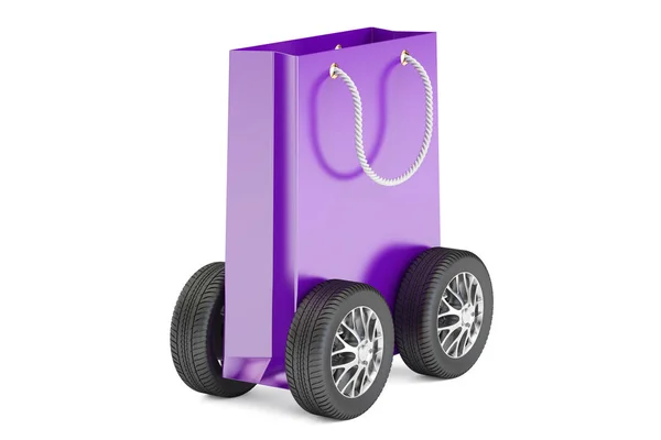 Saco de compras com rodas, conceito de entrega. Renderização 3D — Fotografia de Stock