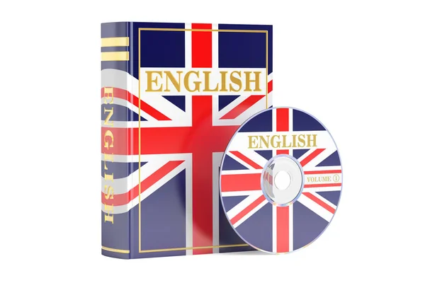 Livro inglês com bandeira do Reino Unido e disco de CD, renderização 3D — Fotografia de Stock
