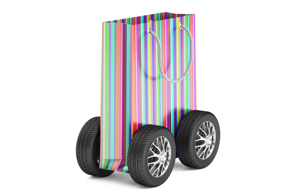 Gekleurde boodschappentas met wielen, levering concept. 3D-rendering — Stockfoto