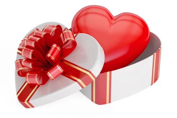Aftelkalender voor Valentijnsdag-concept. Geopende geschenkdoos met hart, 3D-renderin — Stockfoto