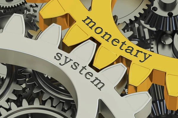 Concepto del sistema monetario en las ruedas dentadas, renderizado 3D — Foto de Stock