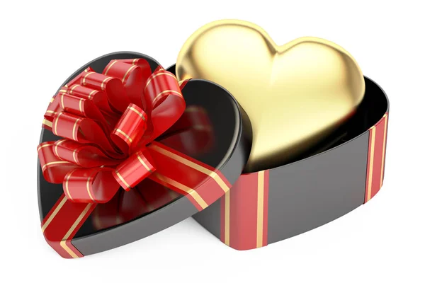 Ημέρα του Αγίου Βαλεντίνου έννοια. Μαύρο δώρο κουτί με χρυσή καρδιά, 3d re — Φωτογραφία Αρχείου