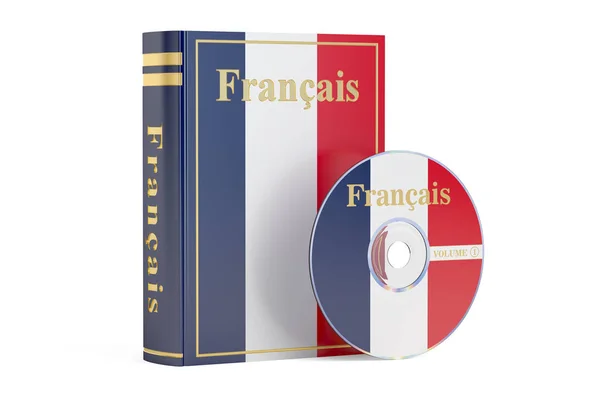 Livro francês com bandeira da França e disco de CD, renderização 3D — Fotografia de Stock