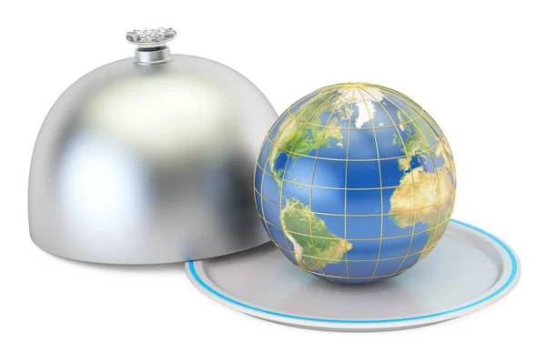 Земна куля на тарілці з відкритою кришкою, 3D рендеринг — стокове фото