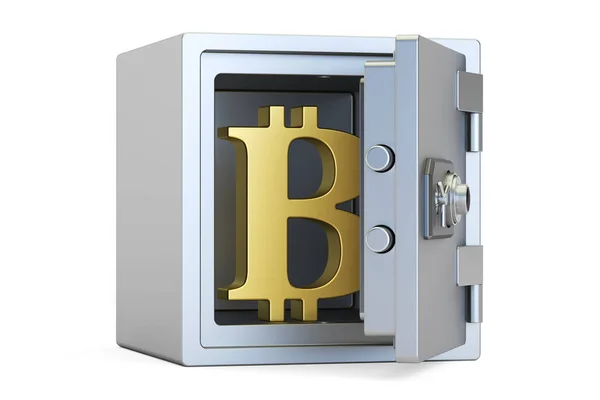 De veilige doos combinatie met symbool van bitcoin, 3D-rendering — Stockfoto