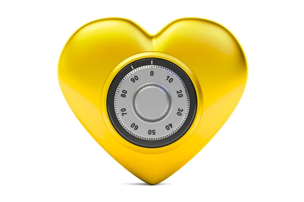 Gyllene hjärta med säker kombination låsa, 3d-rendering — Stockfoto