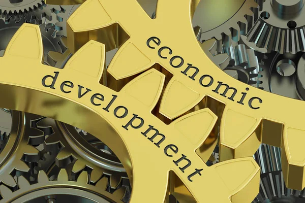 Concepto de desarrollo económico en las ruedas dentadas, renderizado 3D — Foto de Stock