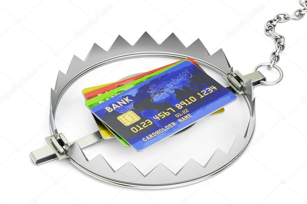 Credit trap with credit cards, 3D rendering