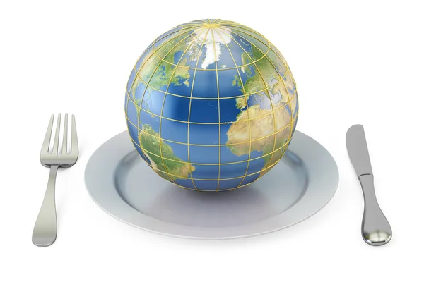 Globo terrestre numa placa com garfo e faca. Cuisin internacional — Fotografia de Stock