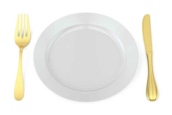 Empty plate with golden knife and fork, 3D rendering 
