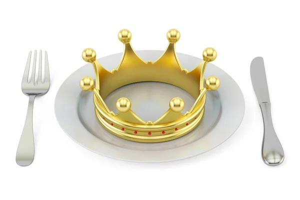 Corona d'oro su un piatto con forchetta e coltello. Cucina reale conce — Foto Stock