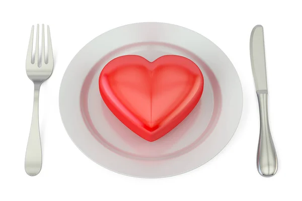 Corazón rojo en un plato con tenedor y cuchillo. Concepto de San Valentín —  Fotos de Stock