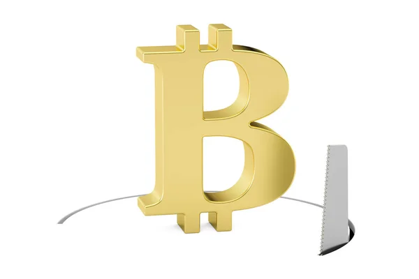 Bitcoin signo con sierra de corte. Concepto de riesgo financiero, 3D render —  Fotos de Stock
