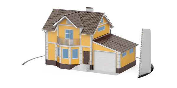 Casa con sega da taglio, rendering 3D — Foto Stock