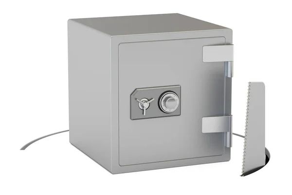 Cassetta di sicurezza con sega da taglio. Concetto di rischio finanziario, rendering 3D — Foto Stock