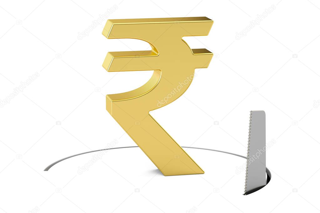 Rupee sign with cutting saw. Financial risk concept, 3D renderin