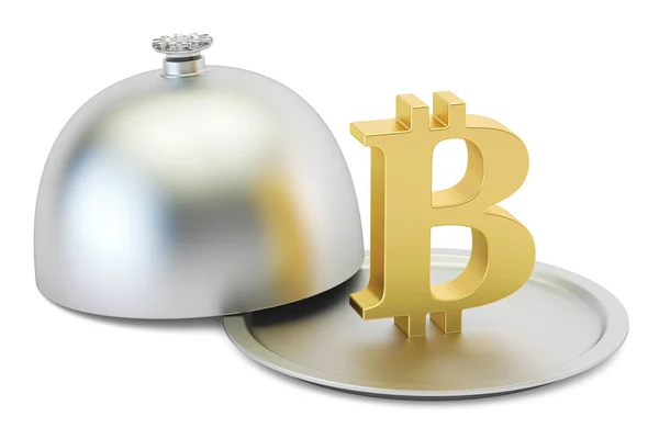 Restaurant Cloche mit Gold-Bitcoin-Symbol, 3D-Rendering — Stockfoto