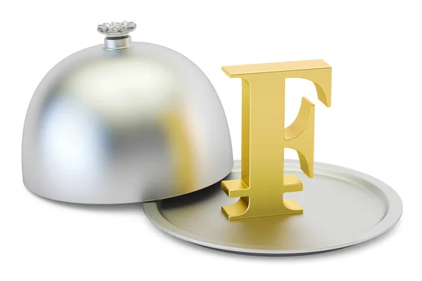 Restaurant cloche met gouden Frank symbool, 3D-rendering — Stockfoto