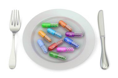 Diyet ve sağlıklı yemek kavramı. Microelement kapsül ile plaka,