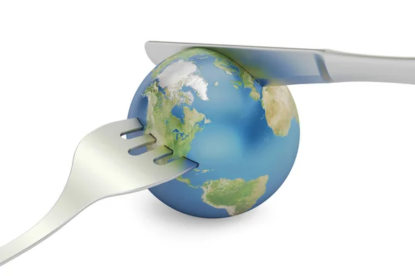 Земна куля з виделкою і ножем, 3D рендеринг — стокове фото