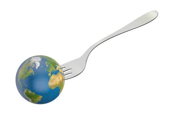 Globo terrestre con forchetta. Concetto di cucina internazionale, rendering 3D — Foto Stock