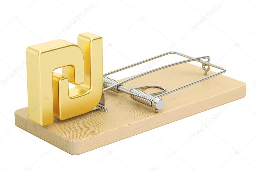 mousetrap with symbol of shekel, 3D rendering