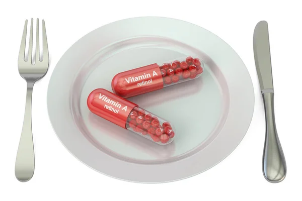 Dieta e concetto di pasto sano. Piatto con capsule di vitamina A, 3D — Foto Stock