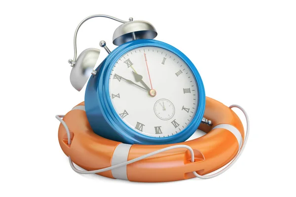 Relógio de alarme na boia salva-vidas, economize tempo conceito. Renderização 3D — Fotografia de Stock