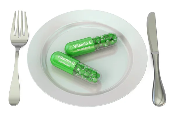 Conceito de dieta e refeição saudável. Placa com cápsulas de vitamina E, 3D — Fotografia de Stock