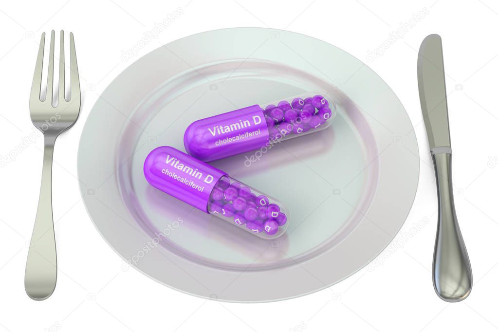 Diet and healthy meal concept. Plate with vitamin D capsules, 3D