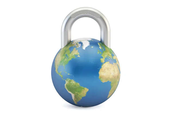 Earth globe padlock, protect and security concept. 3D rendering