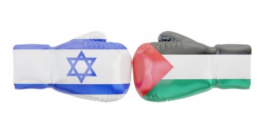 İsrail ve Filistin bayraklarıyla boks eldivenleri. Hükümetler Konfl
