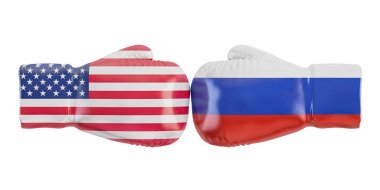 ABD ve Rusya bayrağı ile boks eldivenleri. Hükümetler çatışma con