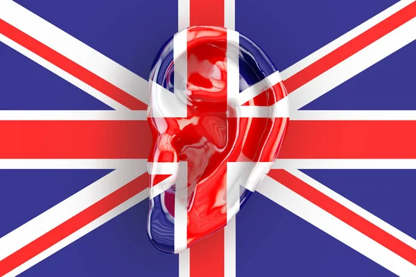 Britisches Geheimdienstkonzept, Ohr an der britischen Flagge. 3D-Darstellung — Stockfoto