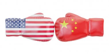 Çin ve ABD bayrakları ile boks eldivenleri. Hükümetler çatışma con