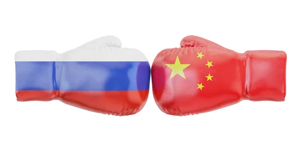 Boxing gloves with China and Russia flags. Governments conflict — Stock Photo, Image