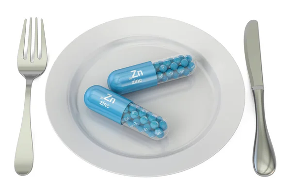 Concepto de dieta y comida saludable. Placa con cápsulas de zinc Zn, 3D r — Foto de Stock