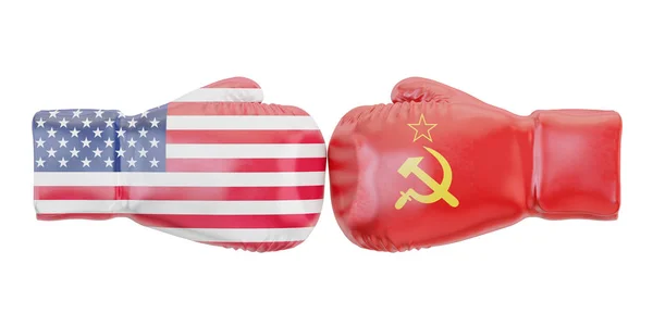 Boxhandschuhe mit USA- und USR- Flaggen. Konflikt zwischen Regierungen — Stockfoto
