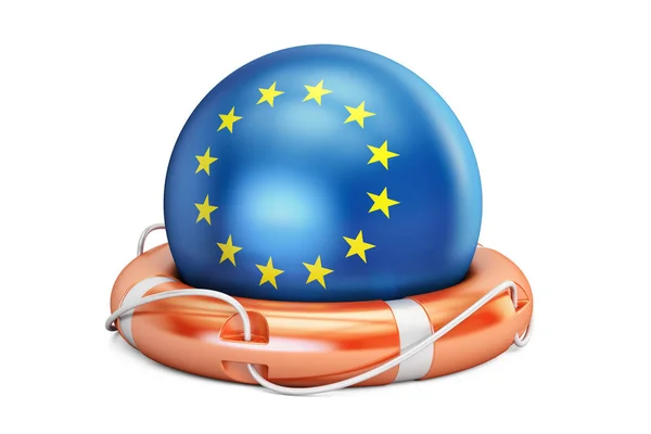 Lifebelt con bandiera UE, sicuro, aiutare e proteggere il concetto. Rendering 3D — Foto Stock