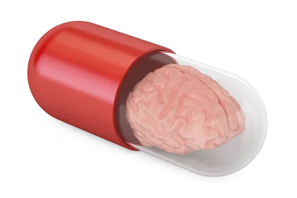 Pilule Capsule avec cerveau, rendu 3D — Photo