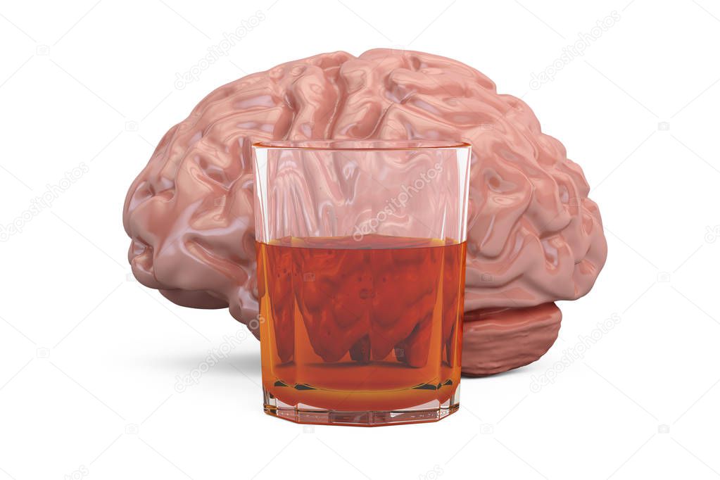 Brain and glass with alcohol drink, alcoholism concept. 3D rende